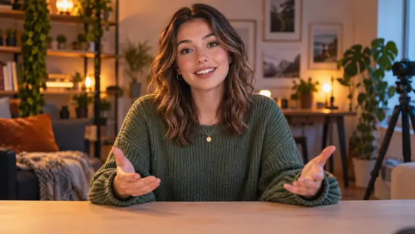 Warmly lit speaking-to-camera video frame with space below the subject for readable captions.