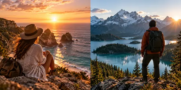 Two cinematic travel moments shown side by side, suggesting short clips ready to become one video.